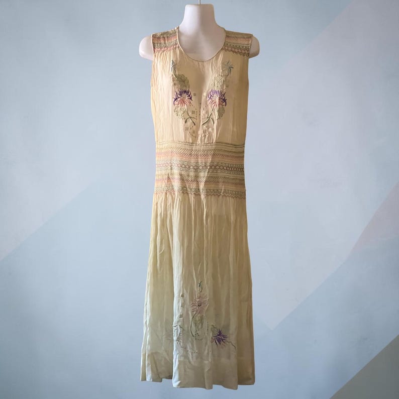1920 1930 Vintage Antique Hungarian Hand Embroidered Pale Sheer Yellow Dress Perfect