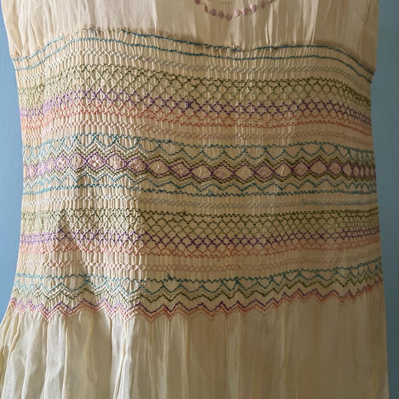 1920 1930 Vintage Antique Hungarian Hand Embroidered Pale Sheer Yellow Dress Perfect