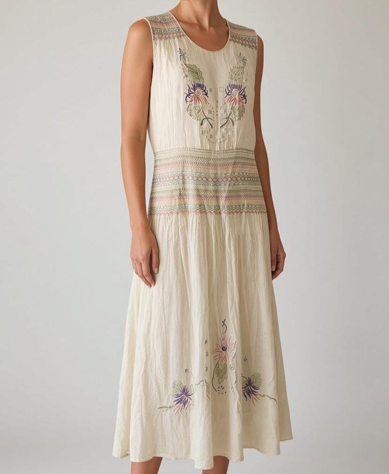 1920 1930 Vintage Antique Hungarian Hand Embroidered Pale Sheer Yellow Dress Perfect