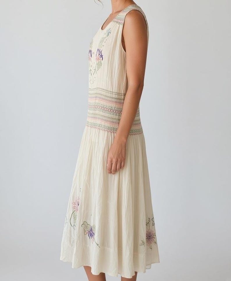 1920 1930 Vintage Antique Hungarian Hand Embroidered Pale Sheer Yellow Dress Perfect