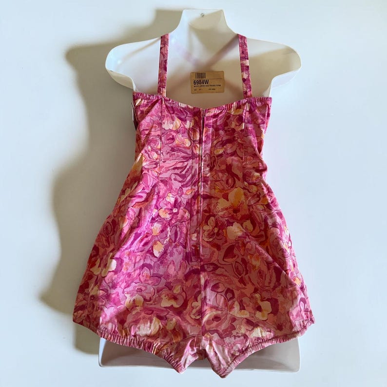 1950's Vintage Roxanne Floral Bright Pink & Yellow Print One Piece Swimsuit