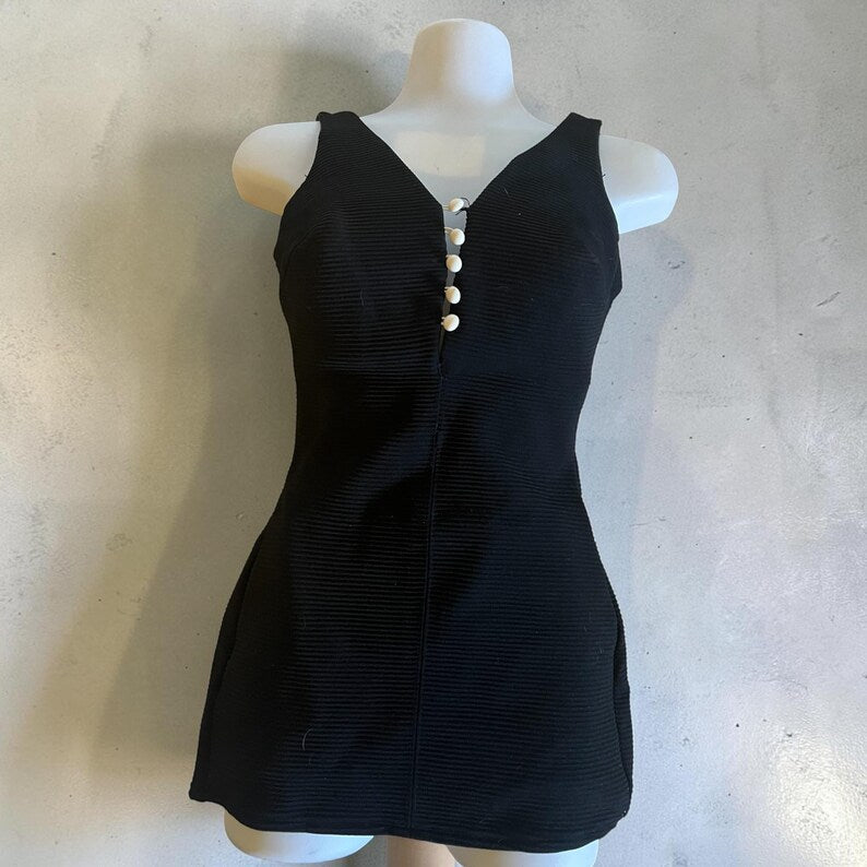 1950 1960 Vintage Double Knit Black Fabric With 5 Button Front