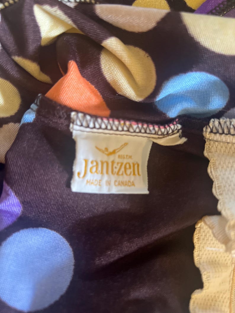 1960 1970 Vintage Size 12 Jantzen Black with Vibrant Polka Dots Swimsuit & Matching Hooded Jacket