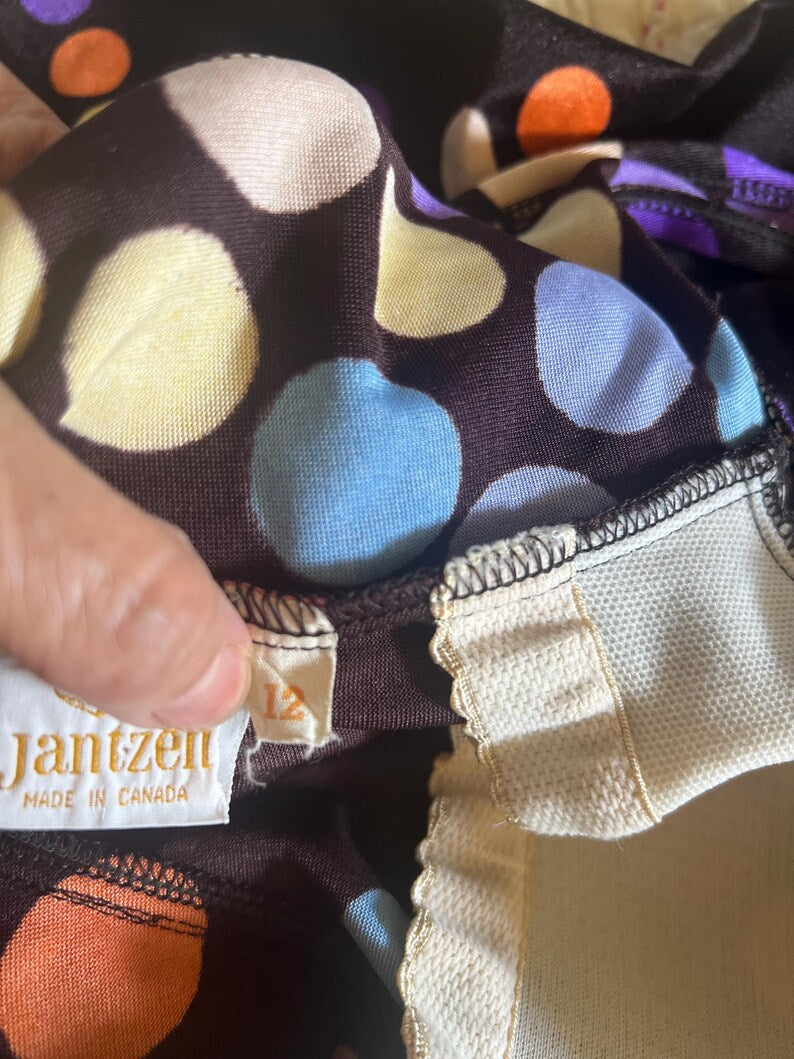 1960 1970 Vintage Size 12 Jantzen Black with Vibrant Polka Dots Swimsuit & Matching Hooded Jacket