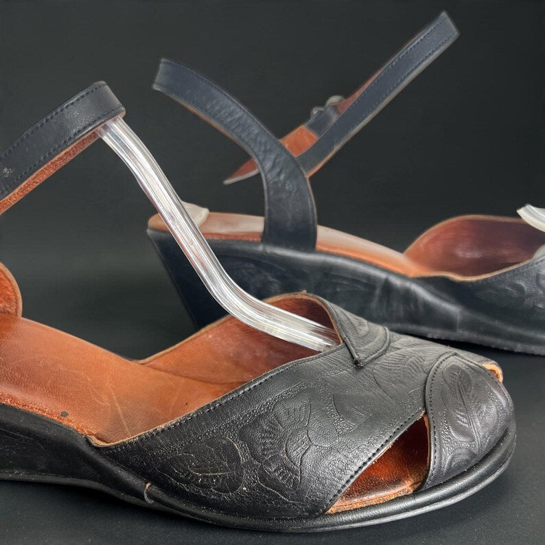 1940's Vintage Rare Mexican Tooled Leather Wedge Sandals Size 9 Slingback Sandals