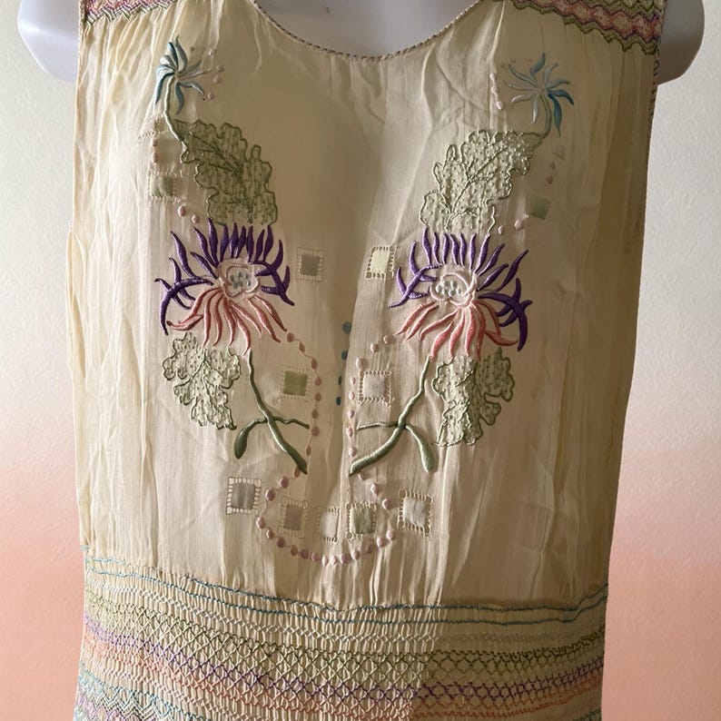 1920 1930 Vintage Antique Hungarian Hand Embroidered Pale Sheer Yellow Dress Perfect