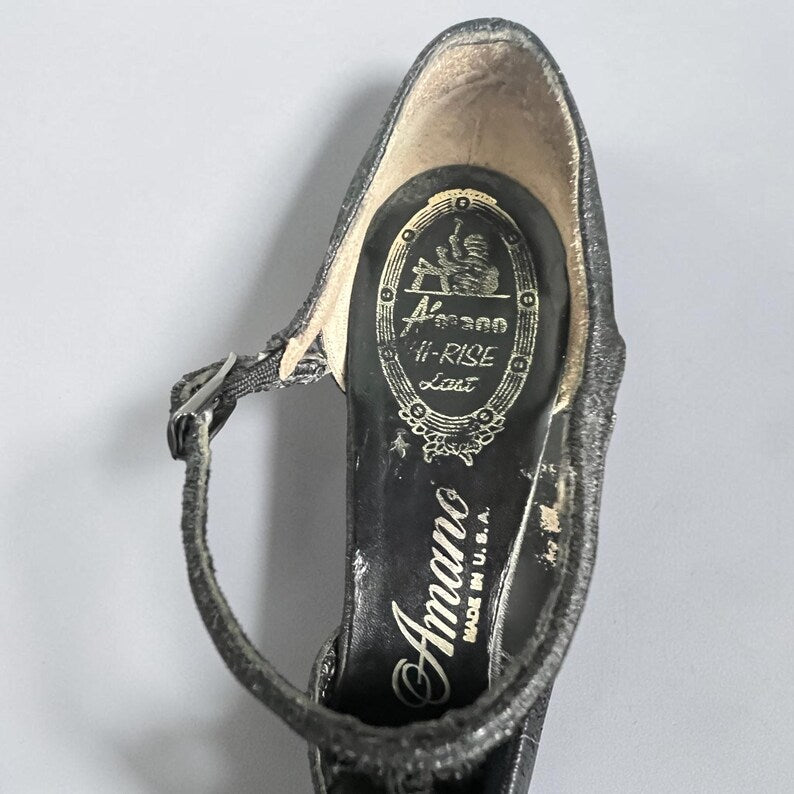 1960 - 1970 Rare Vintage Amano Hi-Rise Black Shimmery Ankle Strap Heels Size 9