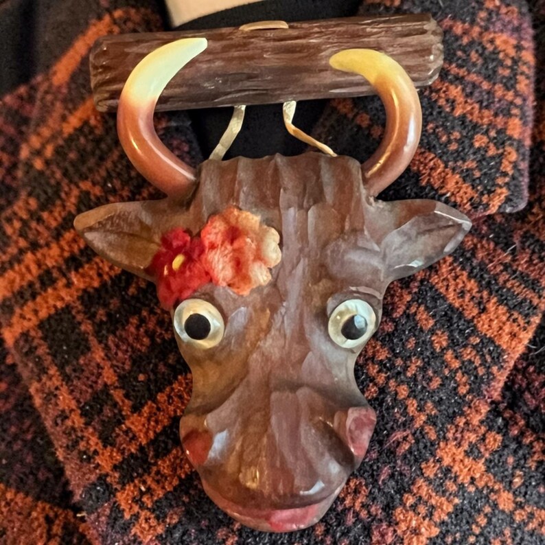 1940's Carved Bakelite and Wood Novelty Bull Brooch