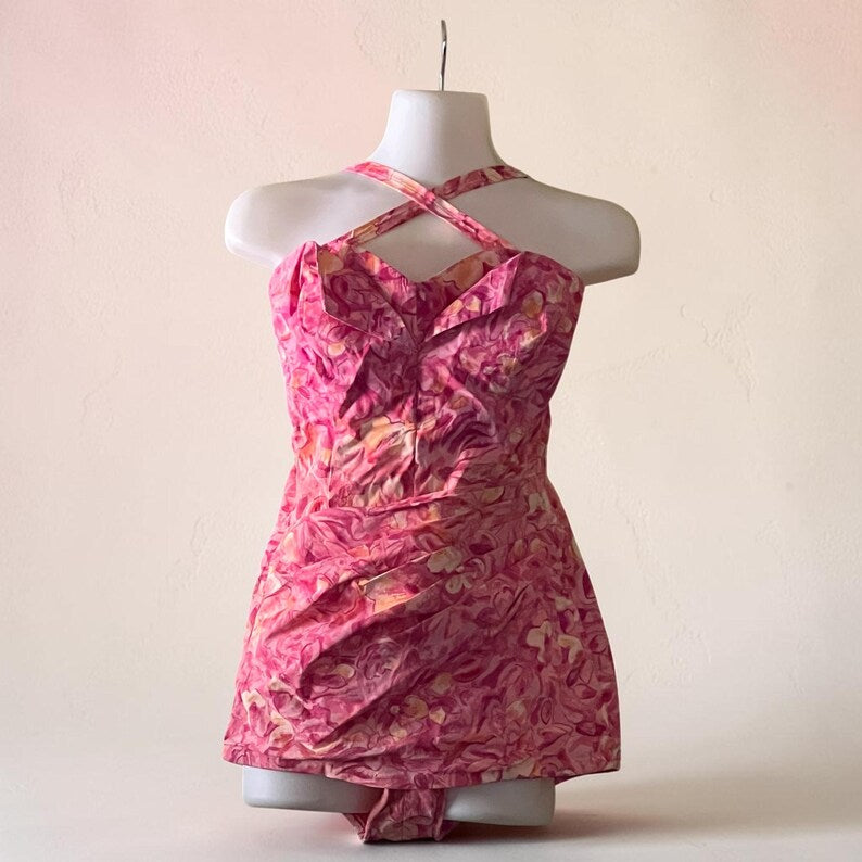 1950's Vintage Roxanne Floral Bright Pink & Yellow Print One Piece Swimsuit