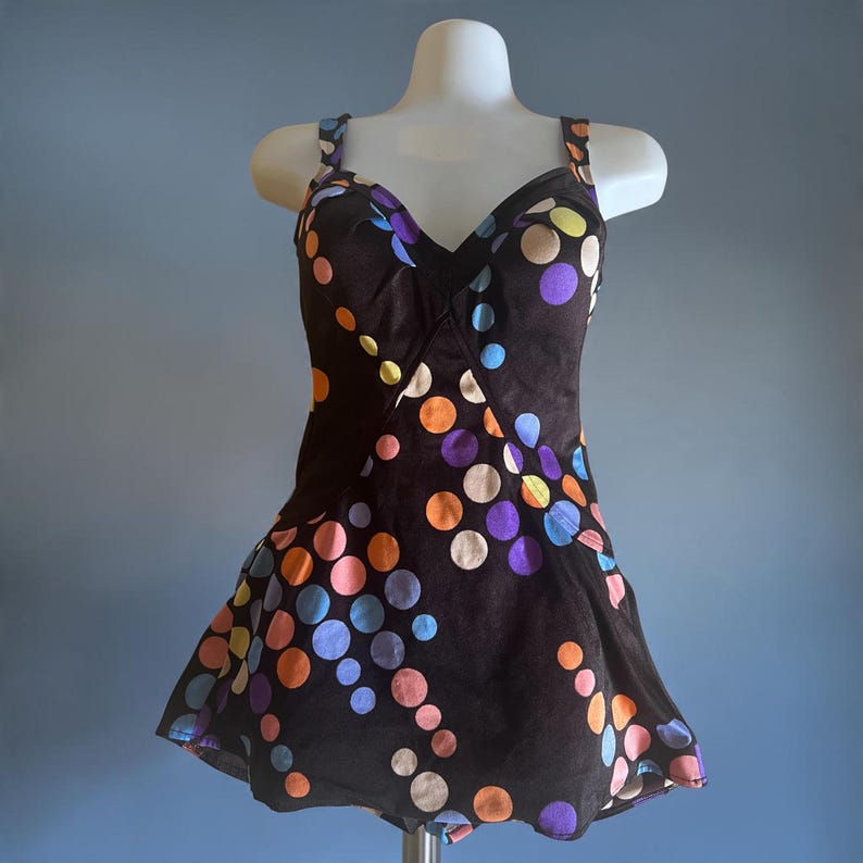 1960 1970 Vintage Size 12 Jantzen Black with Vibrant Polka Dots Swimsuit & Matching Hooded Jacket