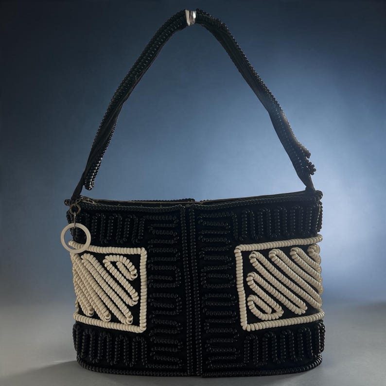 1940's Telephone Cord Black and White Plastic Woven Vinyl Novelty Handle Purse