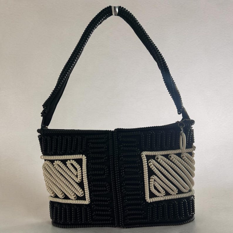 1940's Telephone Cord Black and White Plastic Woven Vinyl Novelty Handle Purse