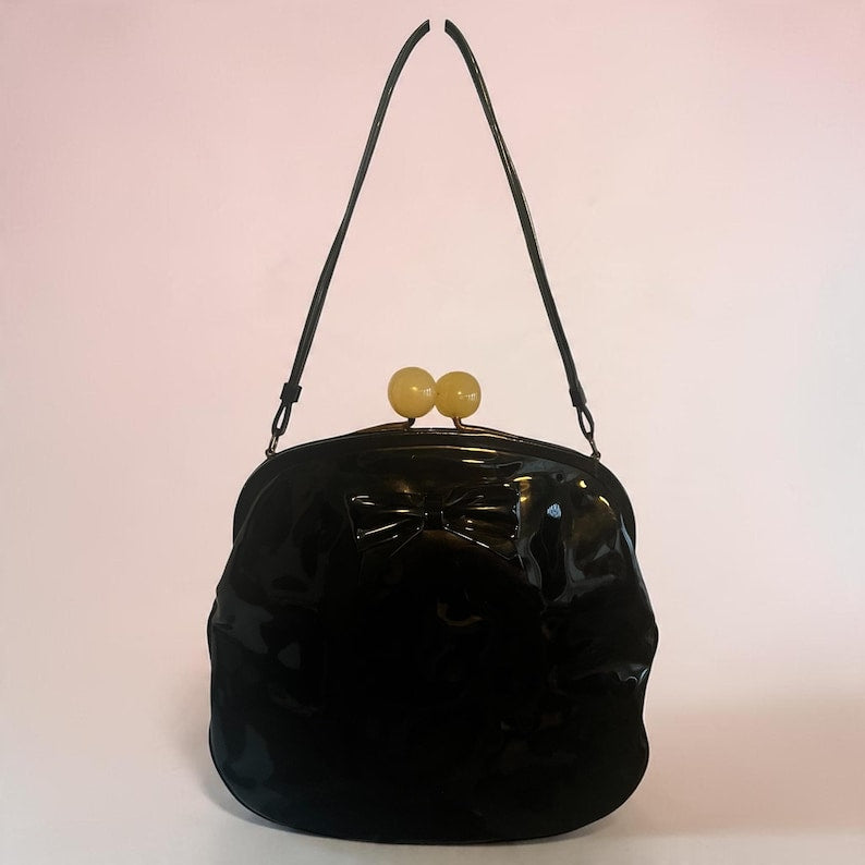 1950's Black Patent Leather Coronet Large Purse Lucite Circular Closures & Double Handle Straps