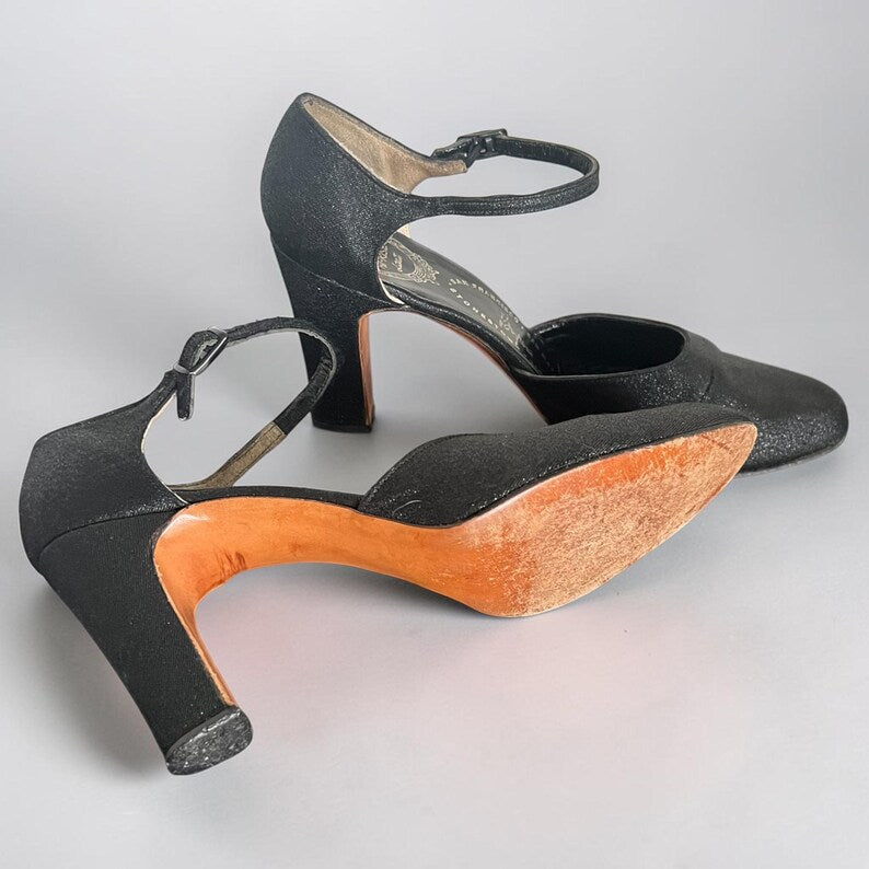 1960 - 1970 Rare Vintage Amano Hi-Rise Black Shimmery Ankle Strap Heels Size 9