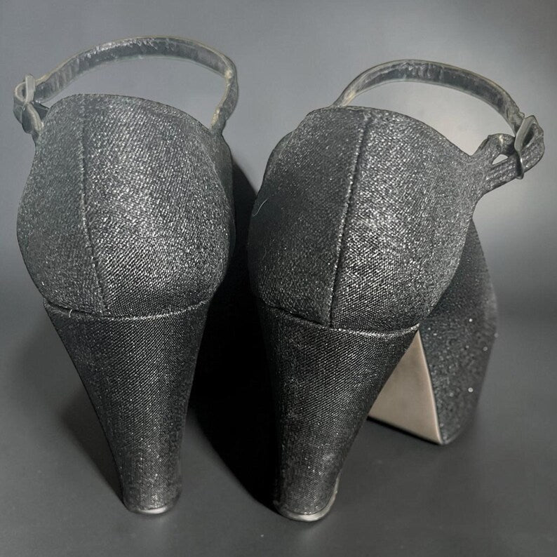 1960 - 1970 Rare Vintage Amano Hi-Rise Black Shimmery Ankle Strap Heels Size 9