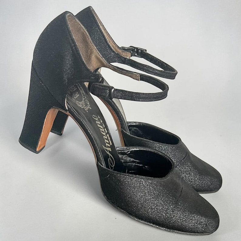 1960 - 1970 Rare Vintage Amano Hi-Rise Black Shimmery Ankle Strap Heels Size 9