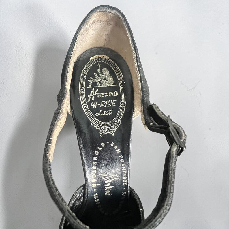 1960 - 1970 Rare Vintage Amano Hi-Rise Black Shimmery Ankle Strap Heels Size 9