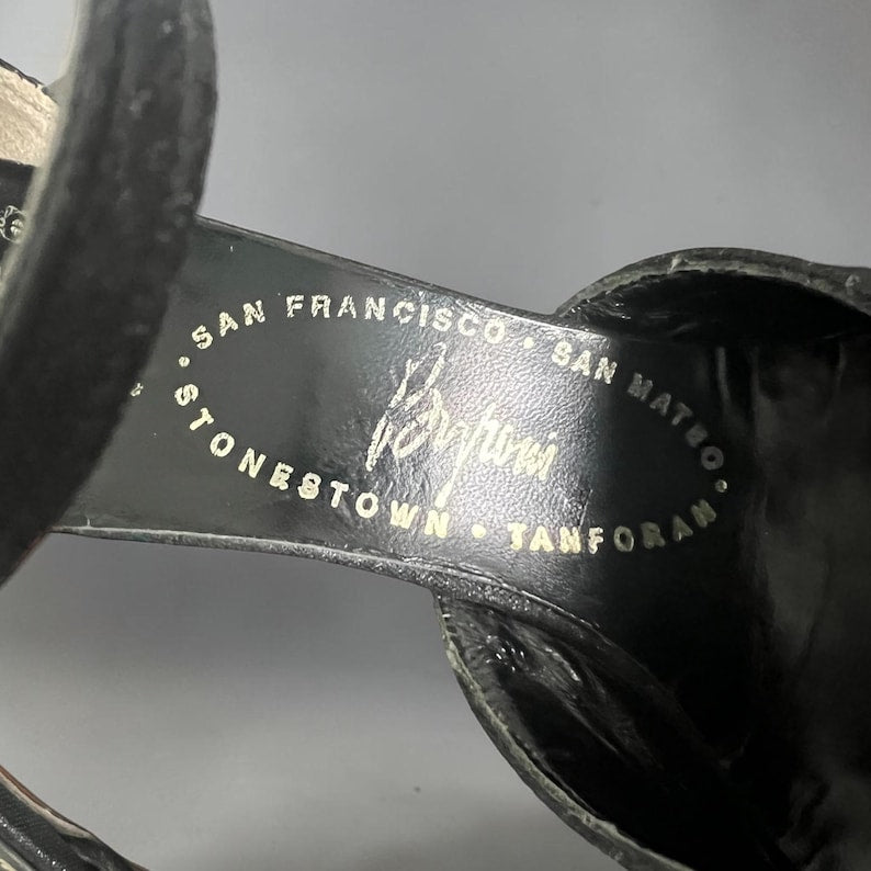 1960 - 1970 Rare Vintage Amano Hi-Rise Black Shimmery Ankle Strap Heels Size 9