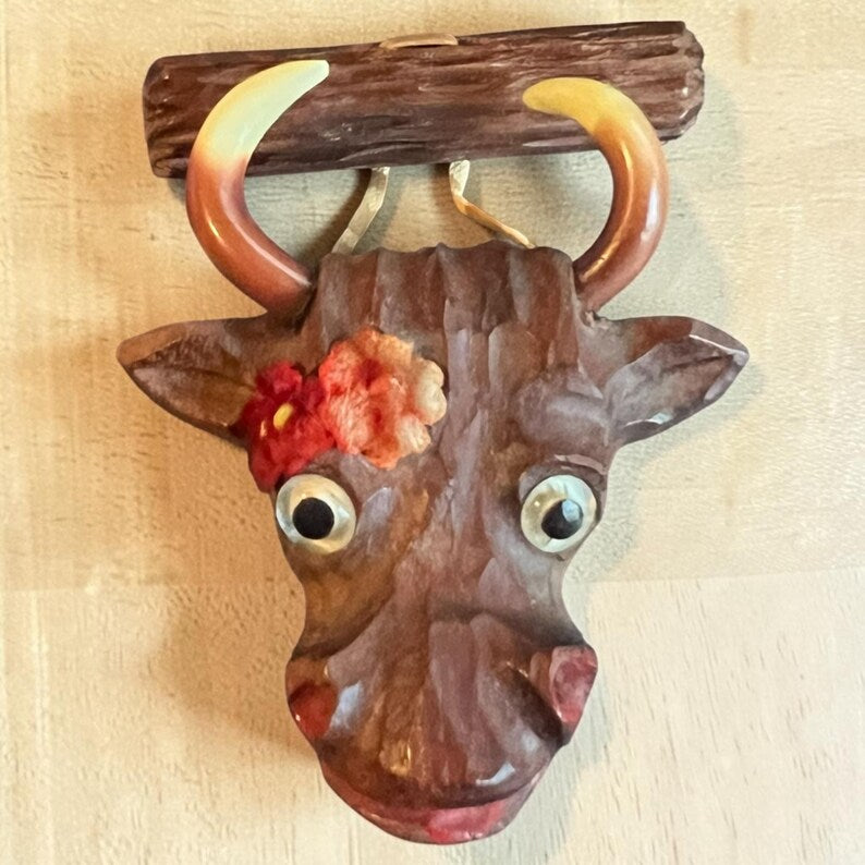 1940's Carved Bakelite and Wood Novelty Bull Brooch