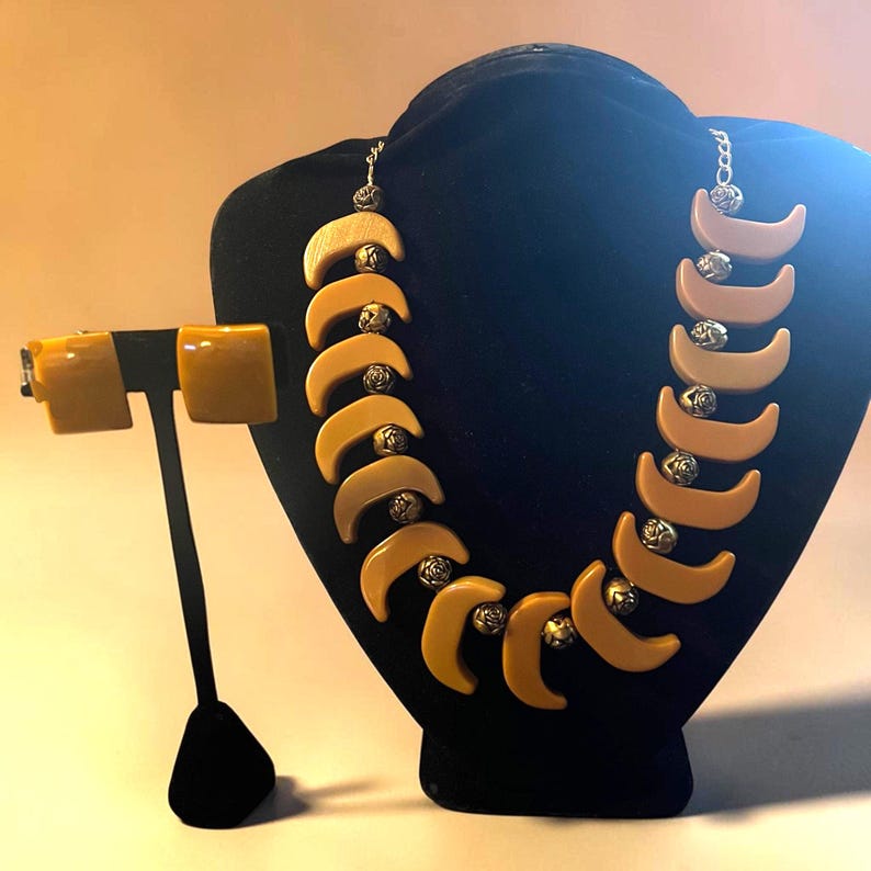 1940's Rare Crescent Moon Butterscotch Bakelite Choker Necklace & Earring Set
