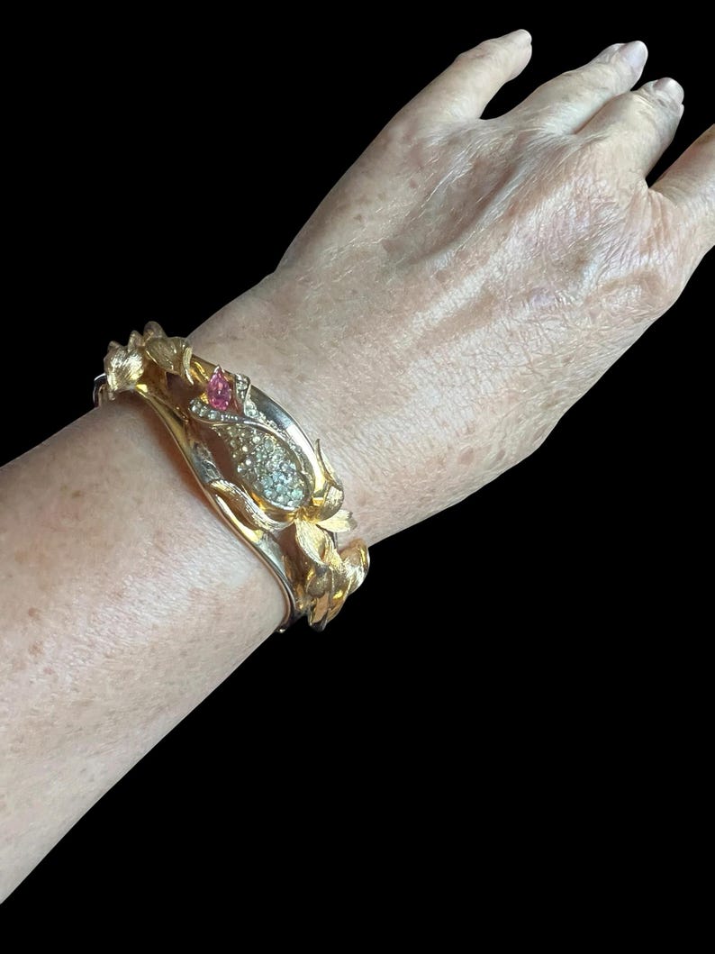 1980's Vintage Kirks Folly Gold Tone Cuff Bracelet Floral Rhinestone and Leaf Design