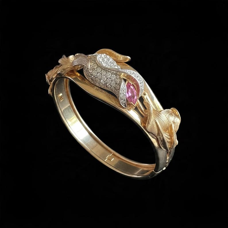 1980's Vintage Kirks Folly Gold Tone Cuff Bracelet Floral Rhinestone and Leaf Design