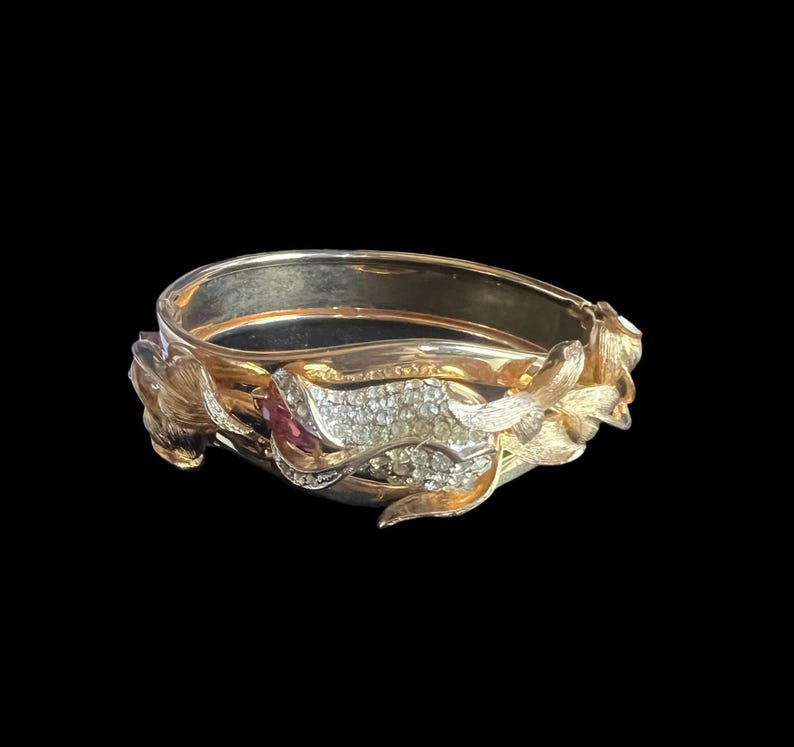 1980's Vintage Kirks Folly Gold Tone Cuff Bracelet Floral Rhinestone and Leaf Design