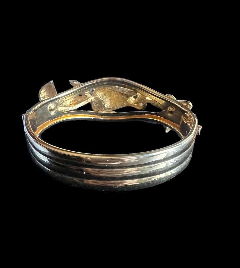 1980's Vintage Kirks Folly Gold Tone Cuff Bracelet Floral Rhinestone and Leaf Design