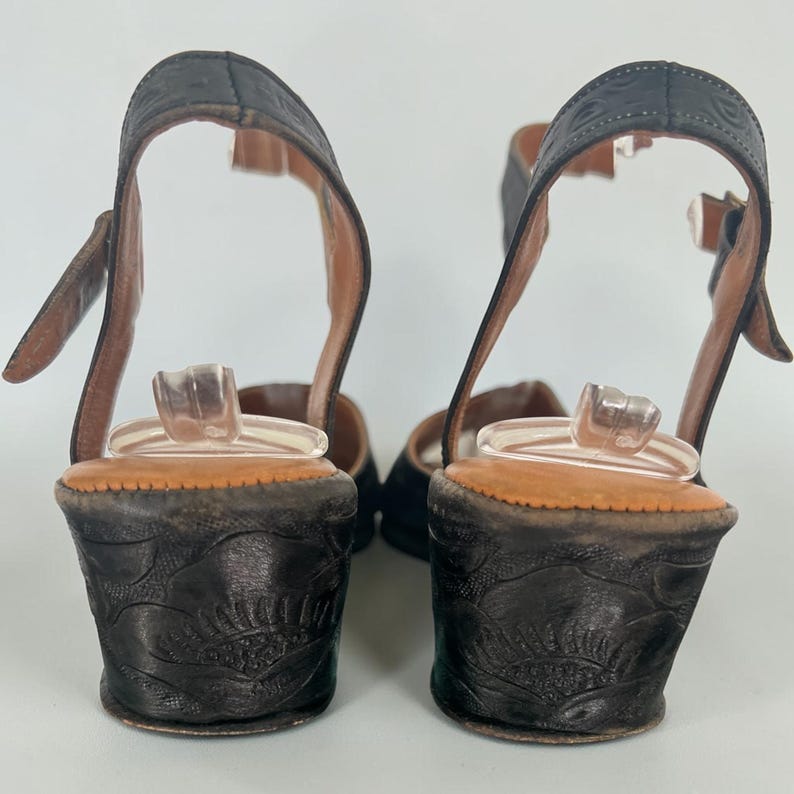 1970's Does 1940's Vintage Rare Mexican Tooled Black Leather Wedge Sandals Size 9.5 Slingback Sandals