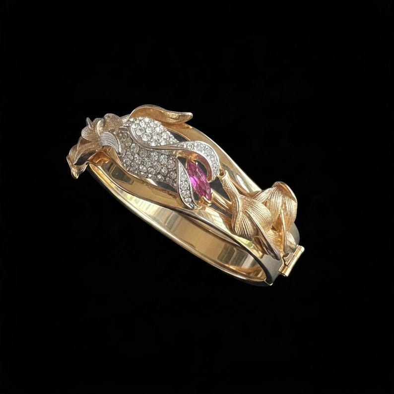 1980's Vintage Kirks Folly Gold Tone Cuff Bracelet Floral Rhinestone and Leaf Design