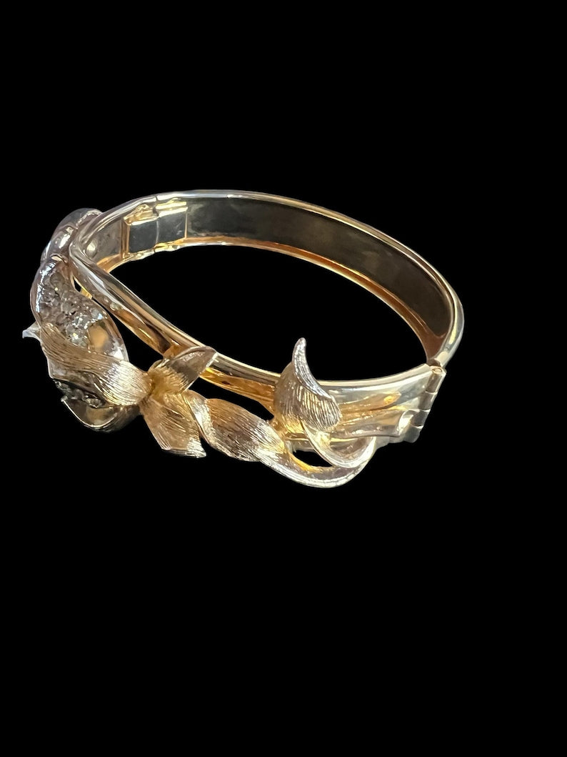 1980's Vintage Kirks Folly Gold Tone Cuff Bracelet Floral Rhinestone and Leaf Design