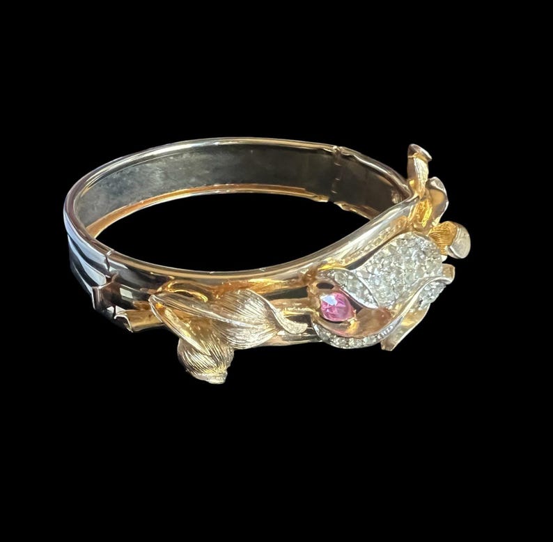1980's Vintage Kirks Folly Gold Tone Cuff Bracelet Floral Rhinestone and Leaf Design