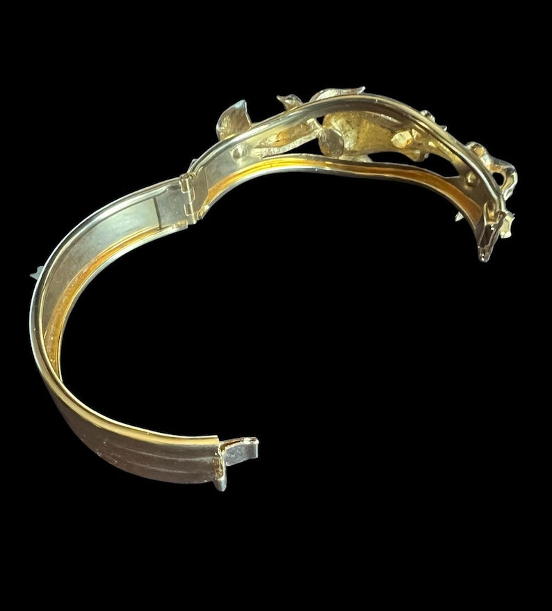 1980's Vintage Kirks Folly Gold Tone Cuff Bracelet Floral Rhinestone and Leaf Design