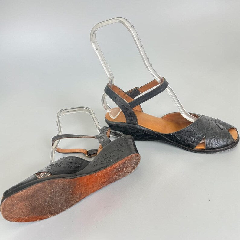 1970's Does 1940's Vintage Rare Mexican Tooled Black Leather Wedge Sandals Size 9.5 Slingback Sandals