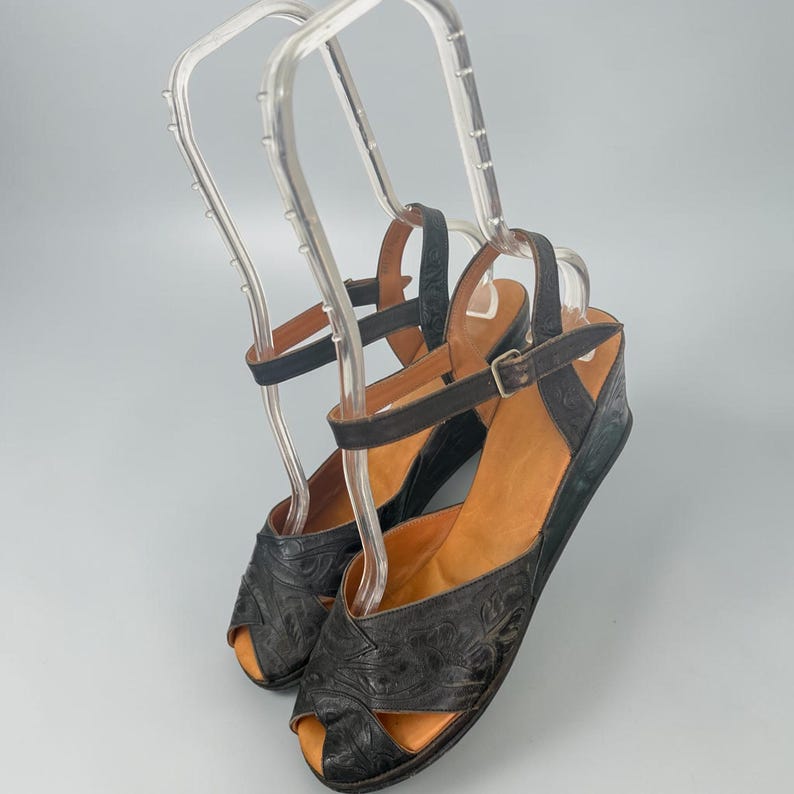 1970's Does 1940's Vintage Rare Mexican Tooled Black Leather Wedge Sandals Size 9.5 Slingback Sandals