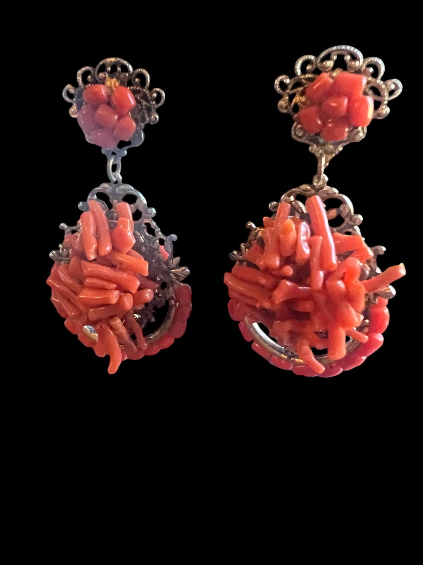Antique Victorian Branch Coral Brooch & Chandelier Earrings on Elaborate Filigree Brass