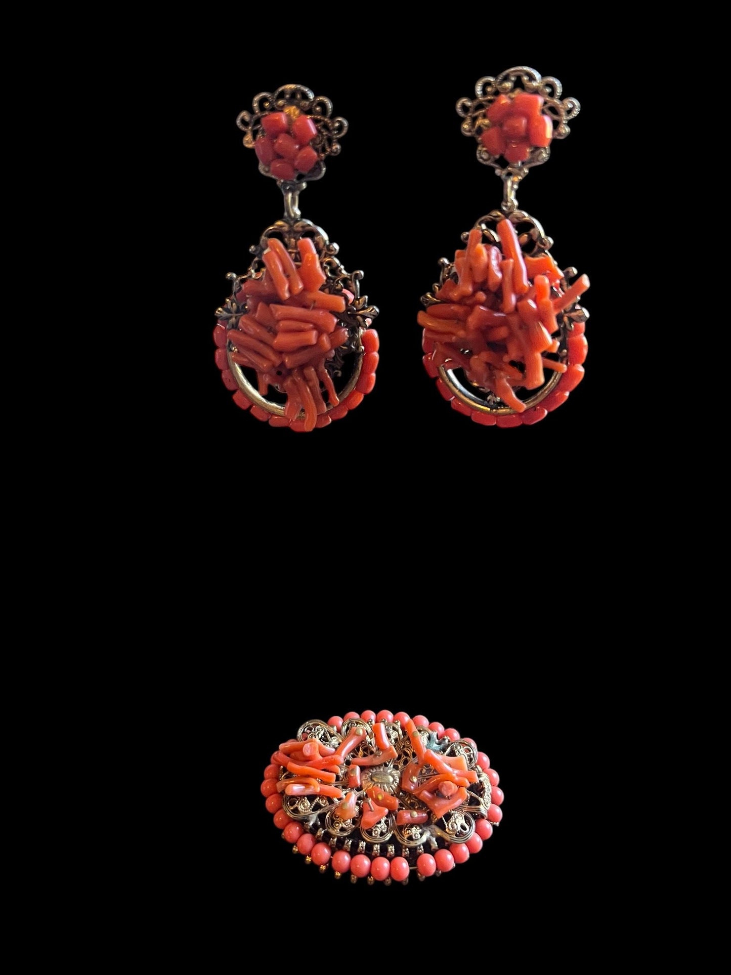 Antique Victorian Branch Coral Brooch & Chandelier Earrings on Elaborate Filigree Brass