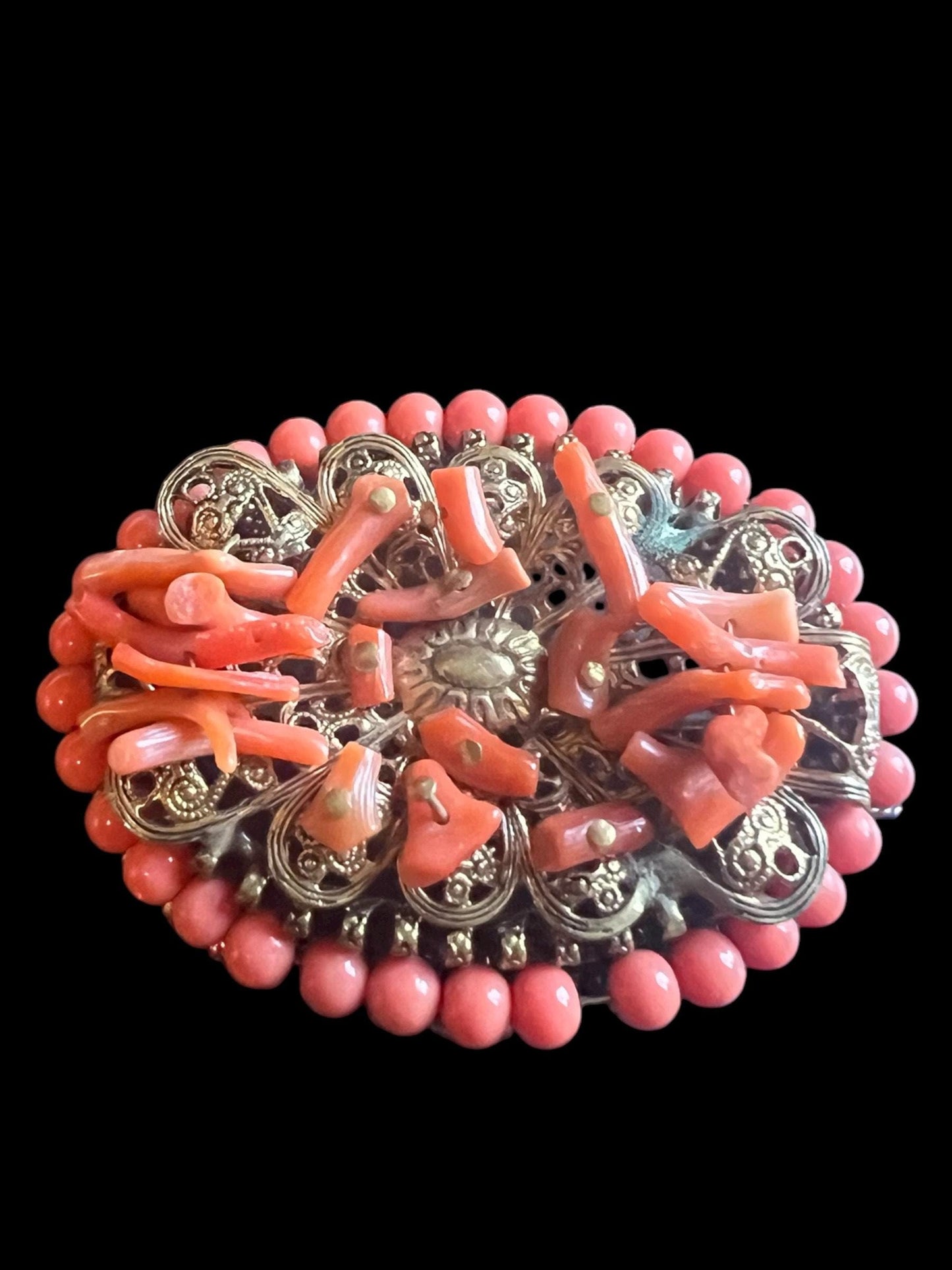 Antique Victorian Branch Coral Brooch & Chandelier Earrings on Elaborate Filigree Brass