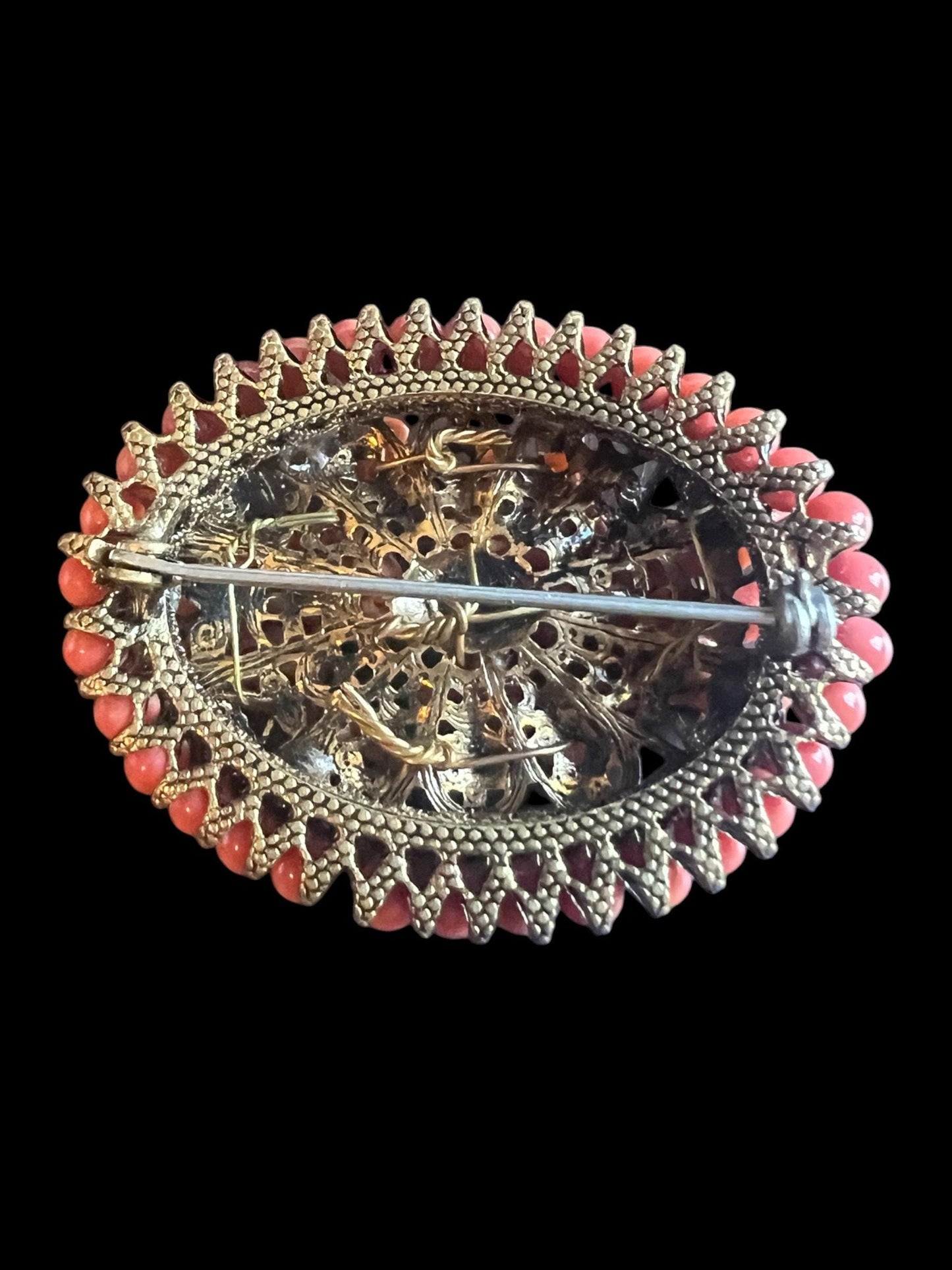 Antique Victorian Branch Coral Brooch & Chandelier Earrings on Elaborate Filigree Brass