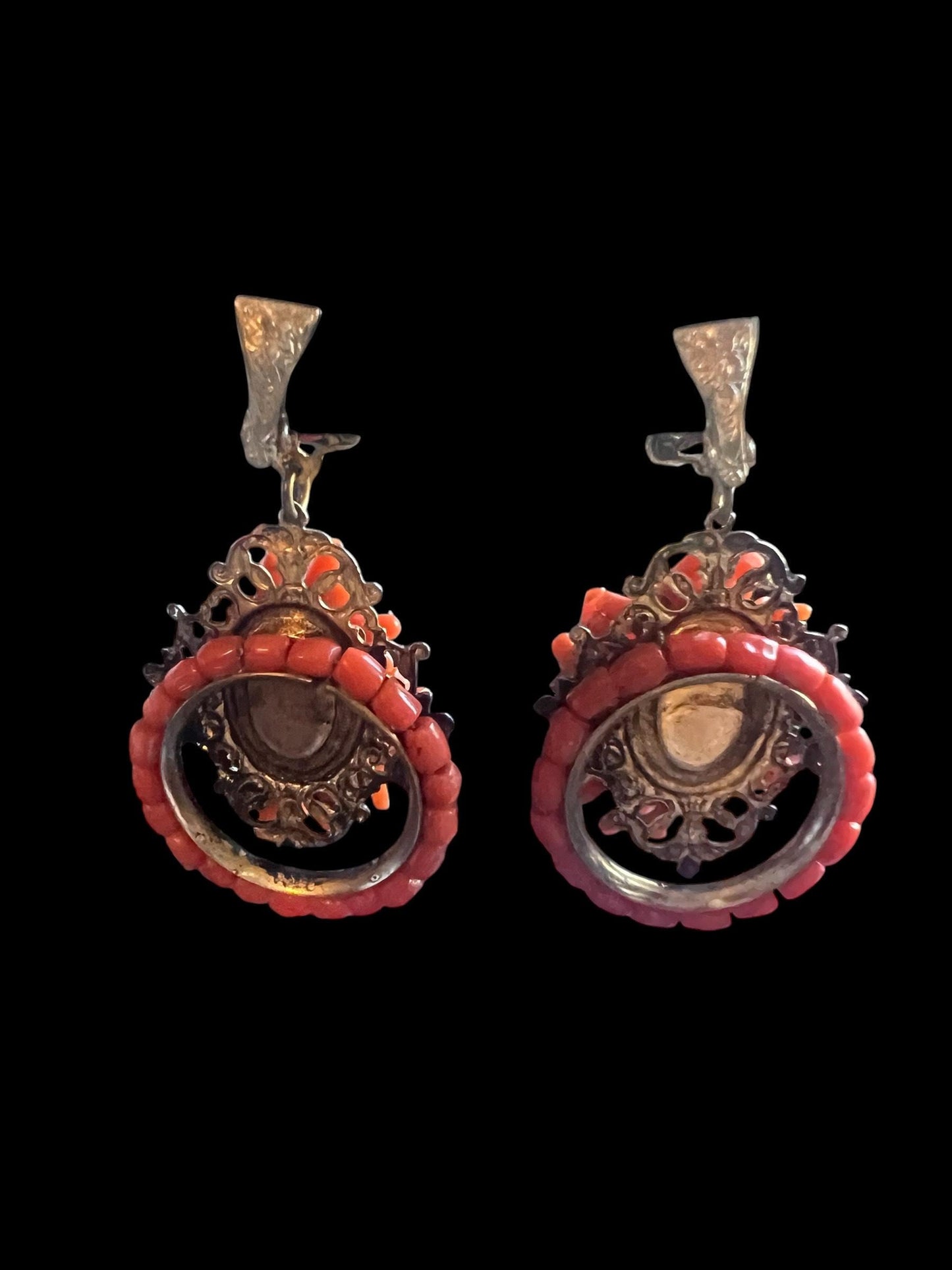 Antique Victorian Branch Coral Brooch & Chandelier Earrings on Elaborate Filigree Brass
