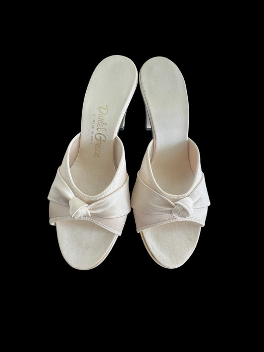 SOLD! Vintage 1950's Size 7 1/2 Slip On Cream Boudoir Satin Slippers Heels Open Toe