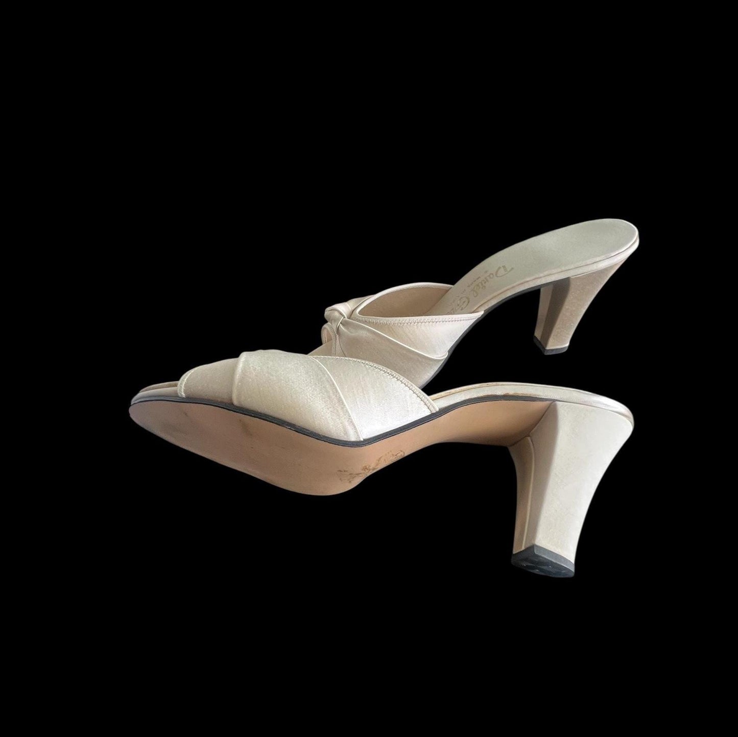 SOLD! Vintage 1950's Size 7 1/2 Slip On Cream Boudoir Satin Slippers Heels Open Toe