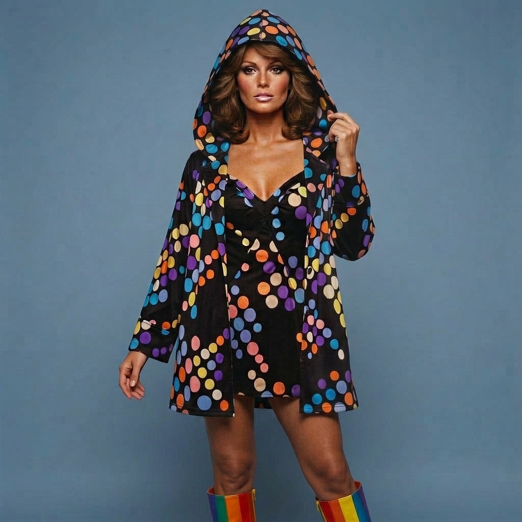 1960 1970 Vintage Size 12 Jantzen Black with Vibrant Polka Dots Swimsuit & Matching Hooded Jacket