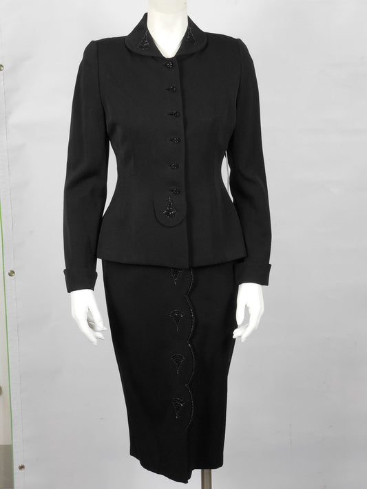 1950 Vintage Black Wool Gabardine Suit with Bead Work Embellishments