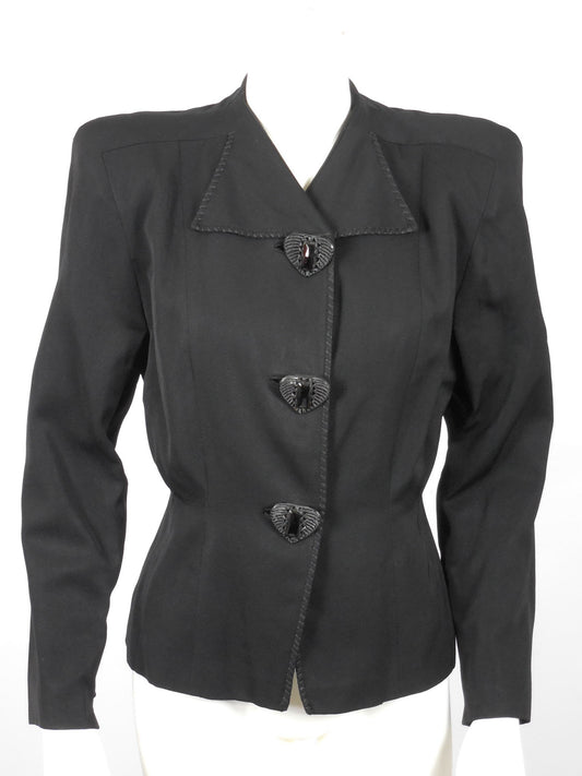 1940 1950 Rich Black Wool Gabardine Jacket with Large Black Plastic Bakelite Jet Buttons