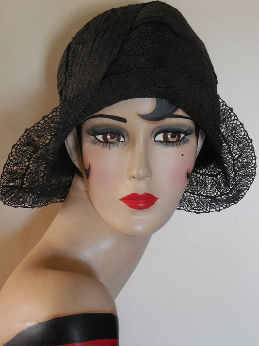 SOLD! Vintage 1920 Black Lace Large Size Cloche Perfect