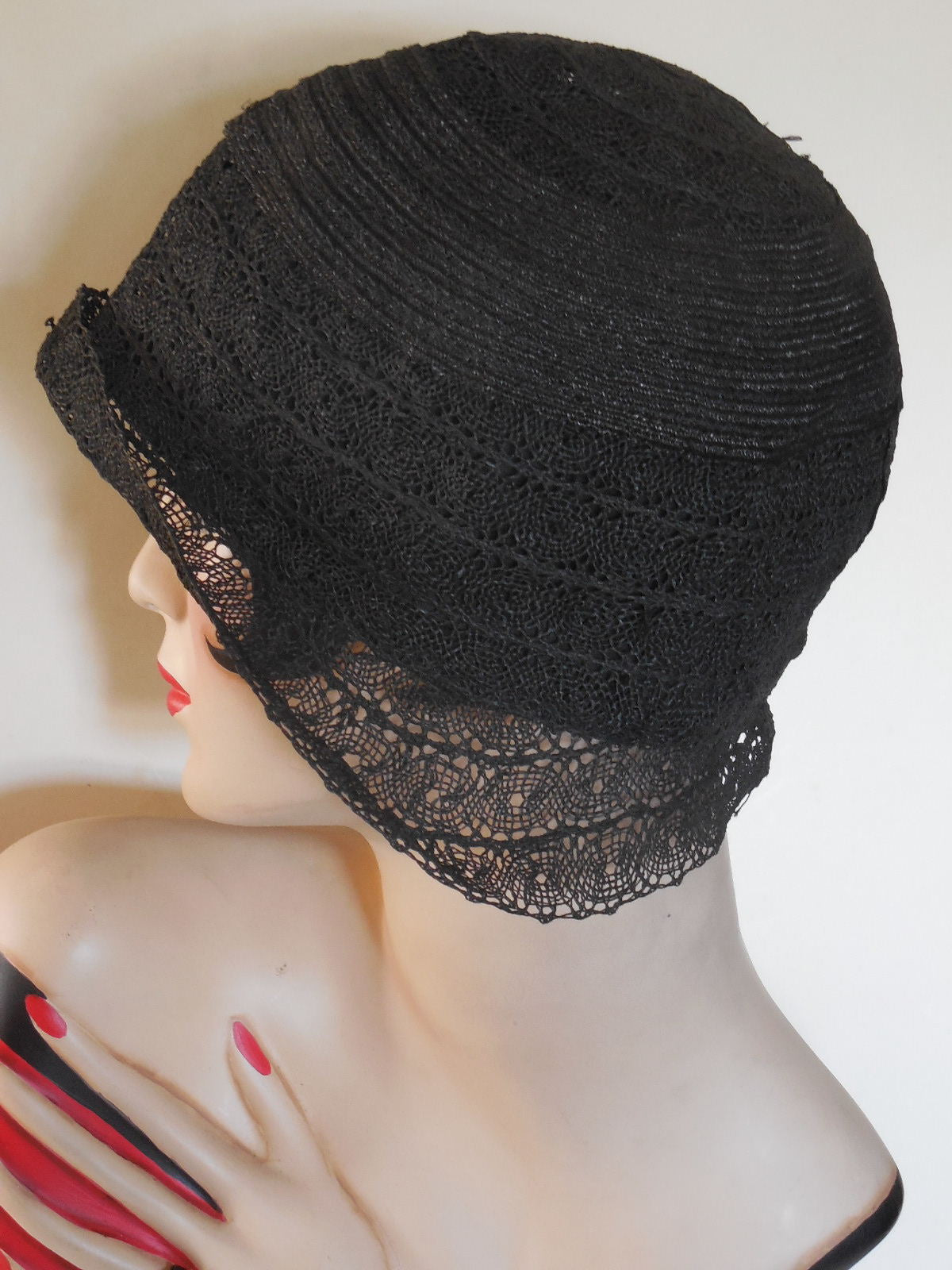 SOLD! Vintage 1920 Black Lace Large Size Cloche Perfect