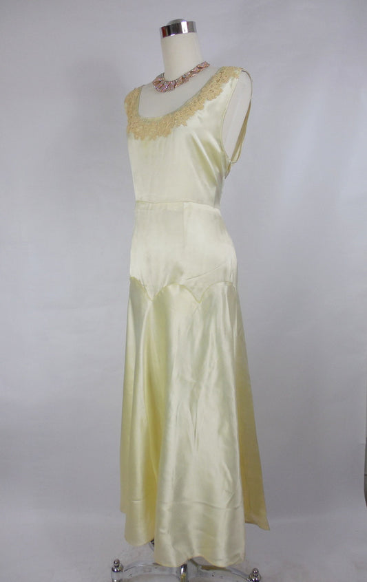 1930's Vintage Cream Silk Satin Evening Gown with Lace