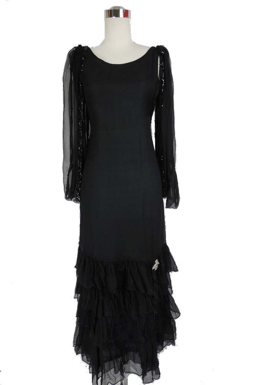 1920's Vintage Black Chiffon Dress with Beads and Ruffles