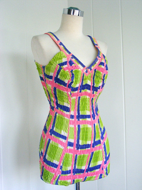 l950's 1960's Bright Green, Pink and Blue Plaid Swimsuit Bathing Suit with Low Back
